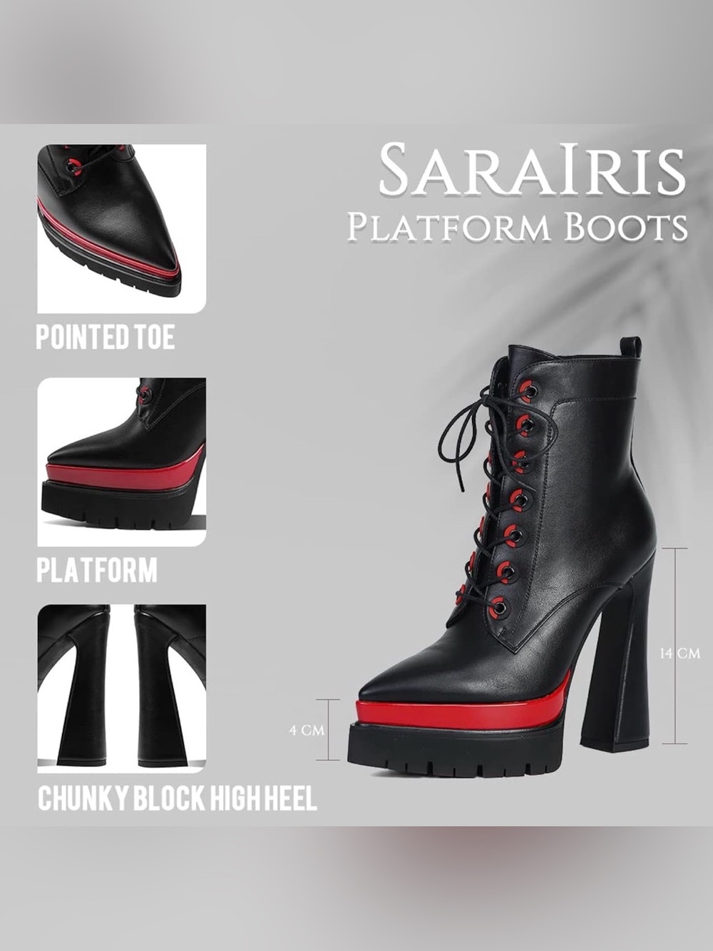 Red Black Women’s 8 Platform Ankle Boots - Chunky Block High Heel, Pointed Toe - Picture 6 of 8